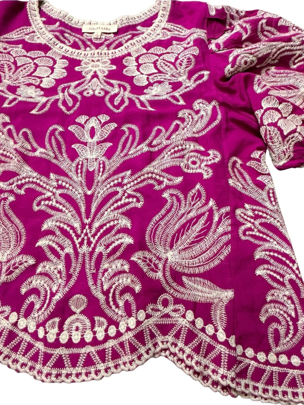 Solitaire Embroidered Magenta Puff Sleeve Boho Blouse Top Size L - Picture 8 of 13